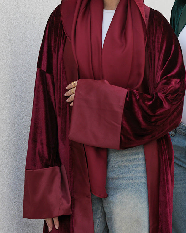 Velvet Satin Kaftan - Burgundy