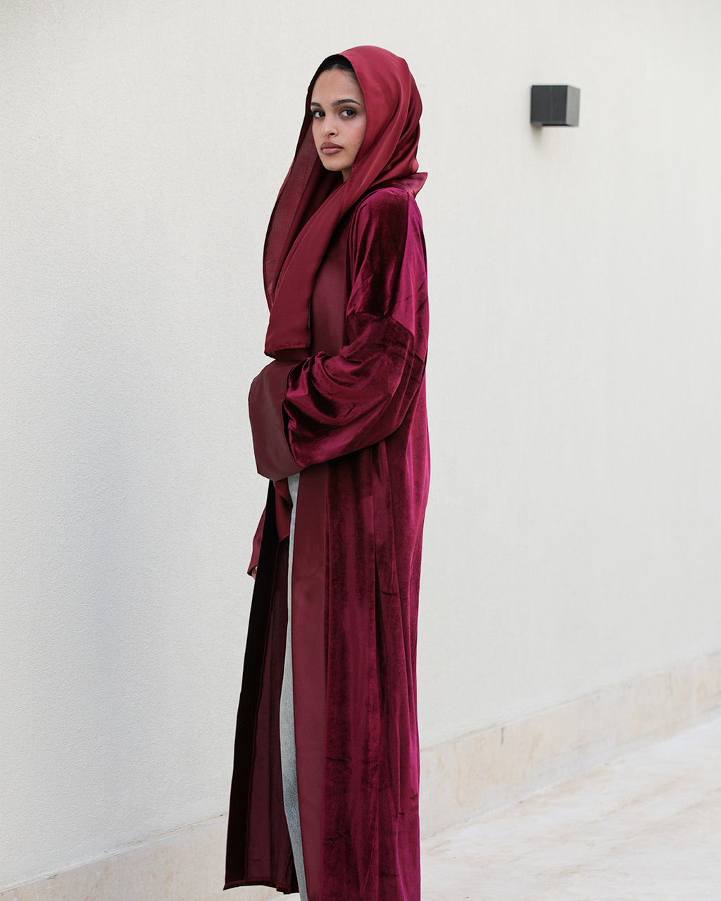 Velvet Satin Kaftan - Burgundy